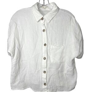 Love Notes White Gauze 100% cotton Button Up Shirt- Large-Top Women Short Sleeve